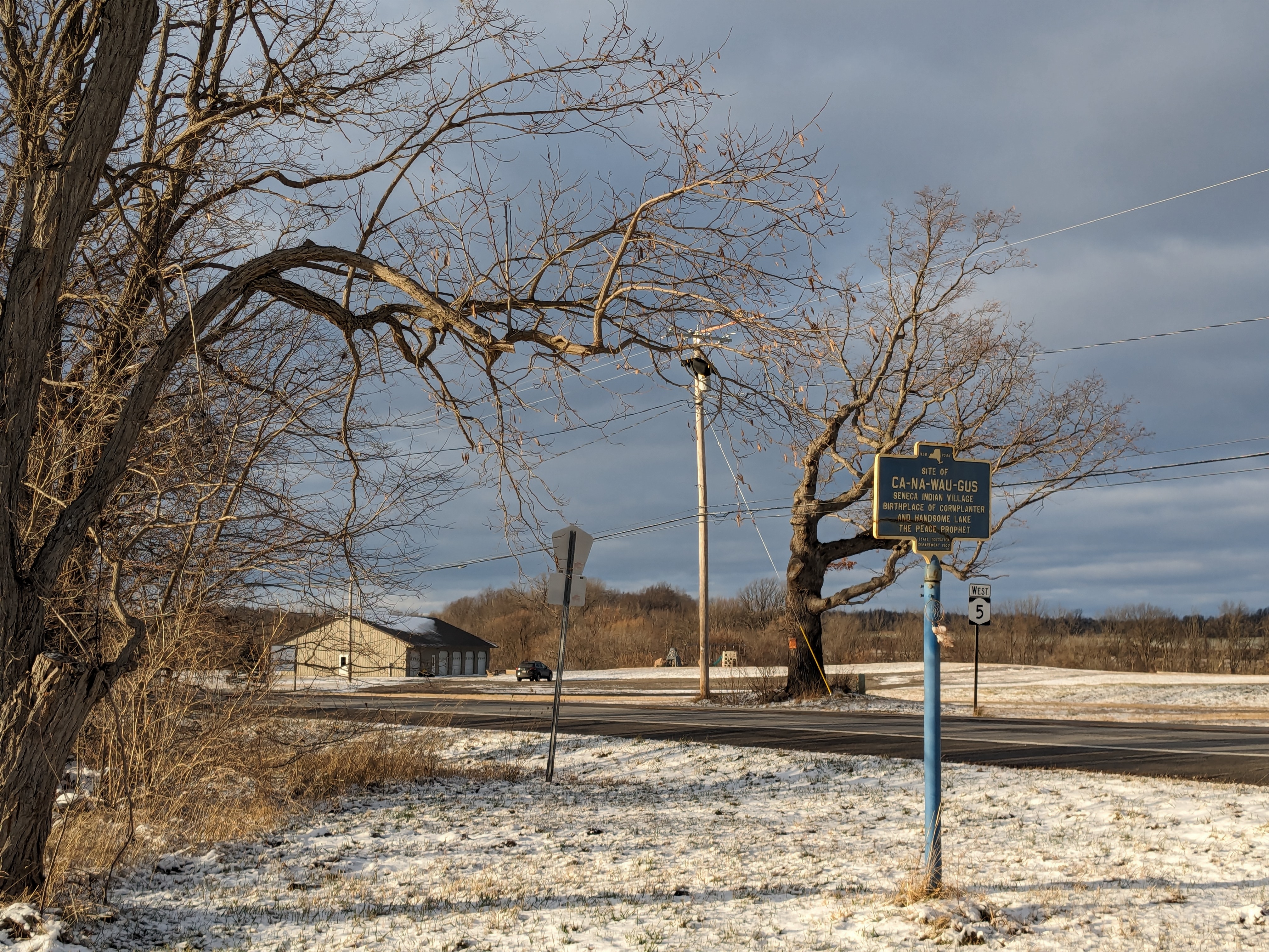 Historic marker near Avon, NY, indicating the location of Canawaugus, a Seneca town where the prophet Handsome Lake was born (Dec. 2023)